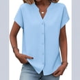 thumbnail image 2 of Button Down Shirts for Women Short Sleeve Tops V Neck Collar Solid Color Blouses Business Casual Outfits Black L, 2 of 4