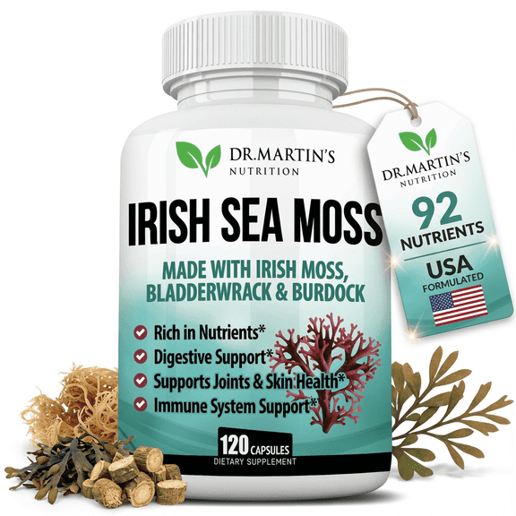 Dr Martins Irish Sea Moss Supplement 2625mg - 120 Capsules, Natural Superfood Made with Irish Moss Bladderwrack & Burdock Root, Powerful Anti-aging Antioxidant for Energy Boost, Digestive & Skin