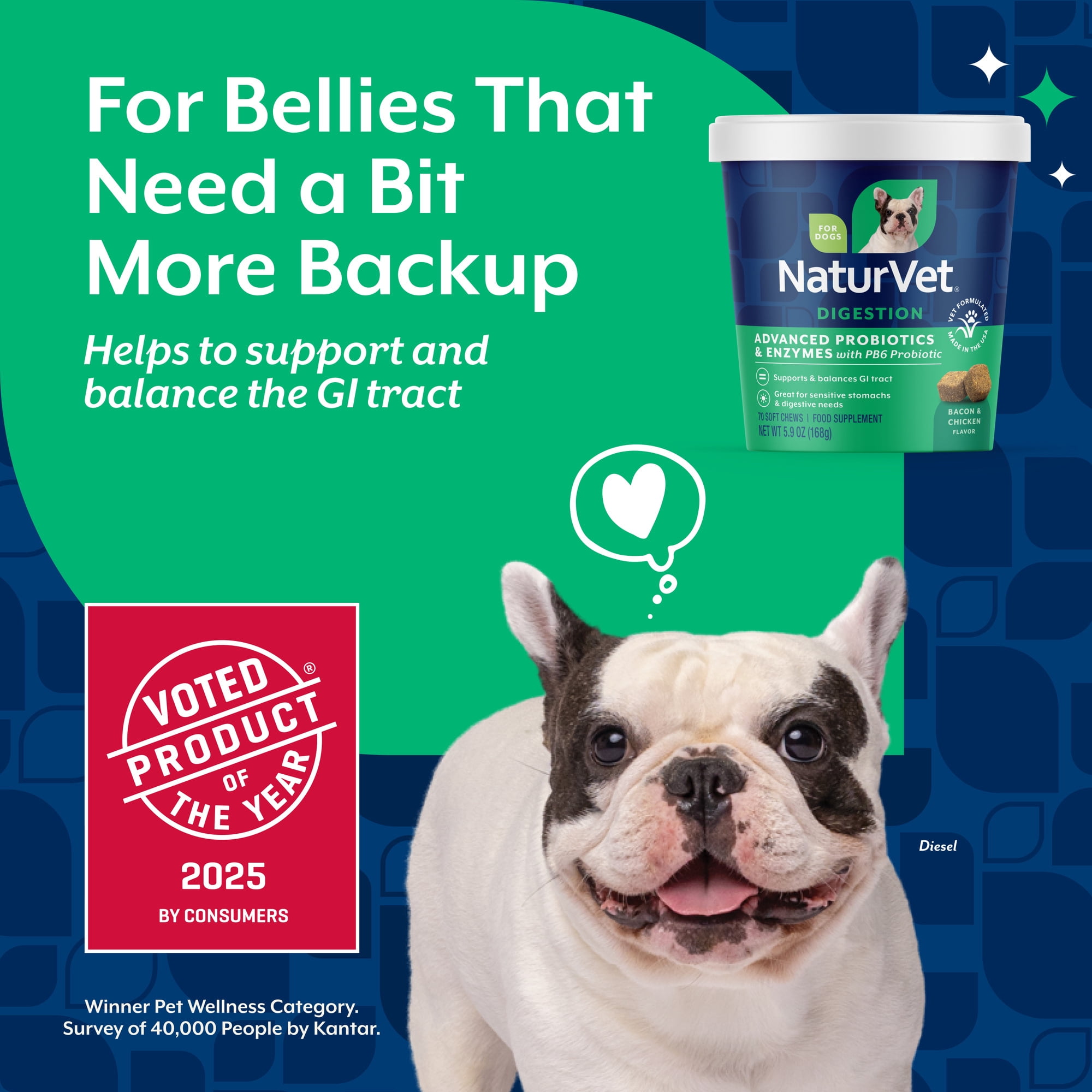 NaturVet Advanced Probiotics & Enzymes Supplements, Bacon & Chicken Flavor, 70 Soft Chews