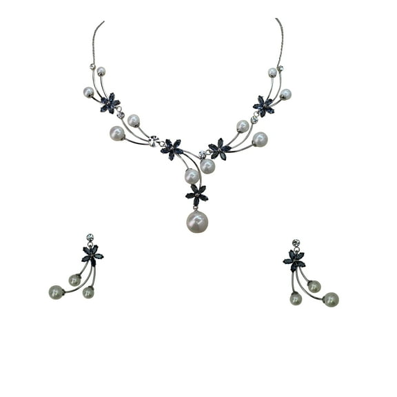 Faship Gorgeous Dark Blue CZ Crystal Shell Pearls Floral Necklace Earrings Set