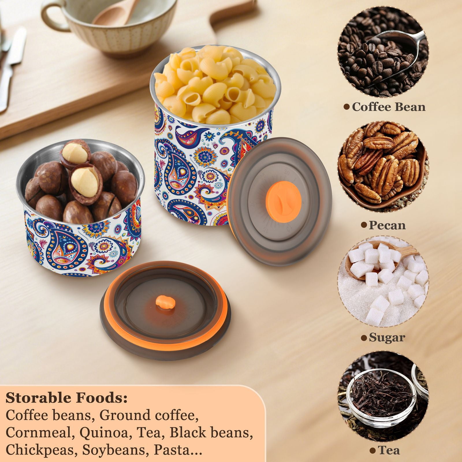 Colorful Paisley Flower Airtight Coffee Bean Canister 30oz Food Storage Containers with Lids For Gournd, Tea, Sugar, Flour, Rice, Cereal, Candy Cookie Jar