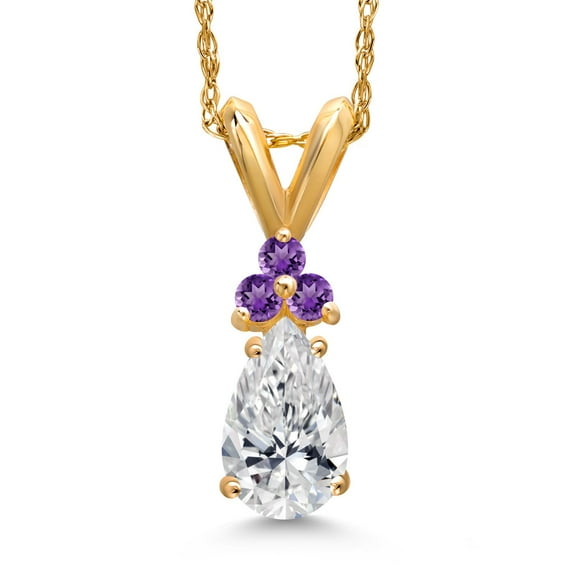 Gem Stone King 14K Yellow Gold Lab Grown Diamond and Simulated Purple Amethyst Pendant Necklace for Women | 0.58 Cttw | Gemstone April Birthstone | Pear Shape 7X5MM | With 18 inch Chain