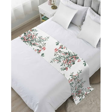 Christmas Botanical Bed Runner for King Size Bed, Xmas Berry Watercolor Green Botanical Bedspread Protector Slipcover Bed Scarf for Foot Bed Runners & Scarves for Bedroom Hotel 102x20 Inches