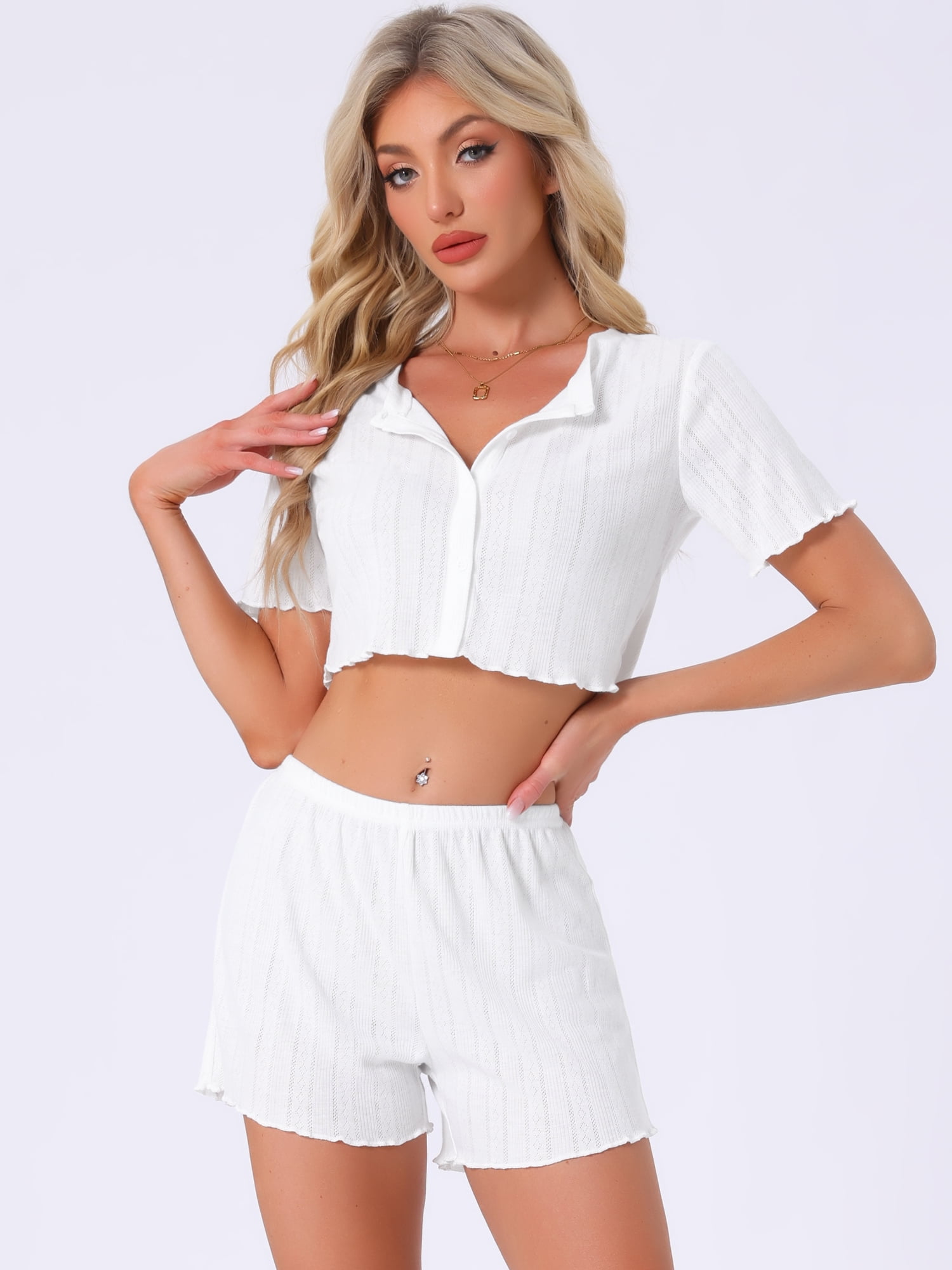 DARING DIVA Y2K Crop Tops with Shorts Knit Button-Down Pajama Sets S White