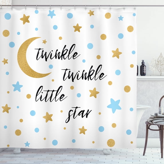 Nursery Shower Curtain, Bed Time Lullaby Concept Stars Circles and Crescent, Fabric Bathroom Set with Hooks, 69W X 84L Inches Extra Long, Blue Dark Yellow, by Ambesonne