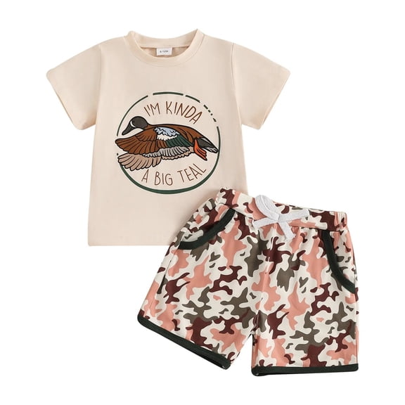 YDFCWXW Kids Baby Boys Duck Hunter Clothes Mallard Duck Short Sleeve T-shirt Casual Shorts 2Pcs Toddler Hunting Baby Outfit (Beige, 6-12 Months)