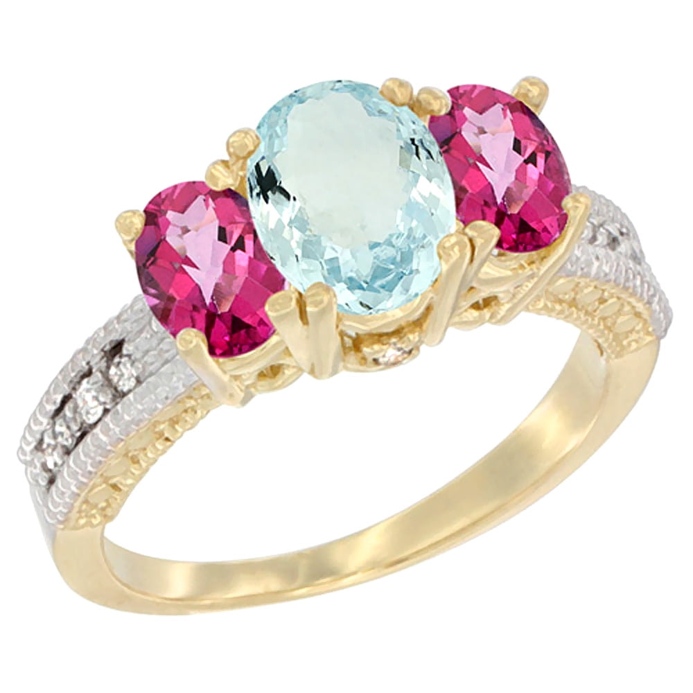 10K Yellow Gold Diamond Natural Aquamarine Ring Oval 3-stone with Pink Topaz, sizes 5 10 by WorldJewels