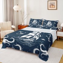 Feelyou Cartoon Ocean Sailboat Full Size Sheets, Kawaii Octopus Animal Bed Sheets, Nautical Theme Sheet Sets, Microfiber Bedroom Decor, 4 Pieces
