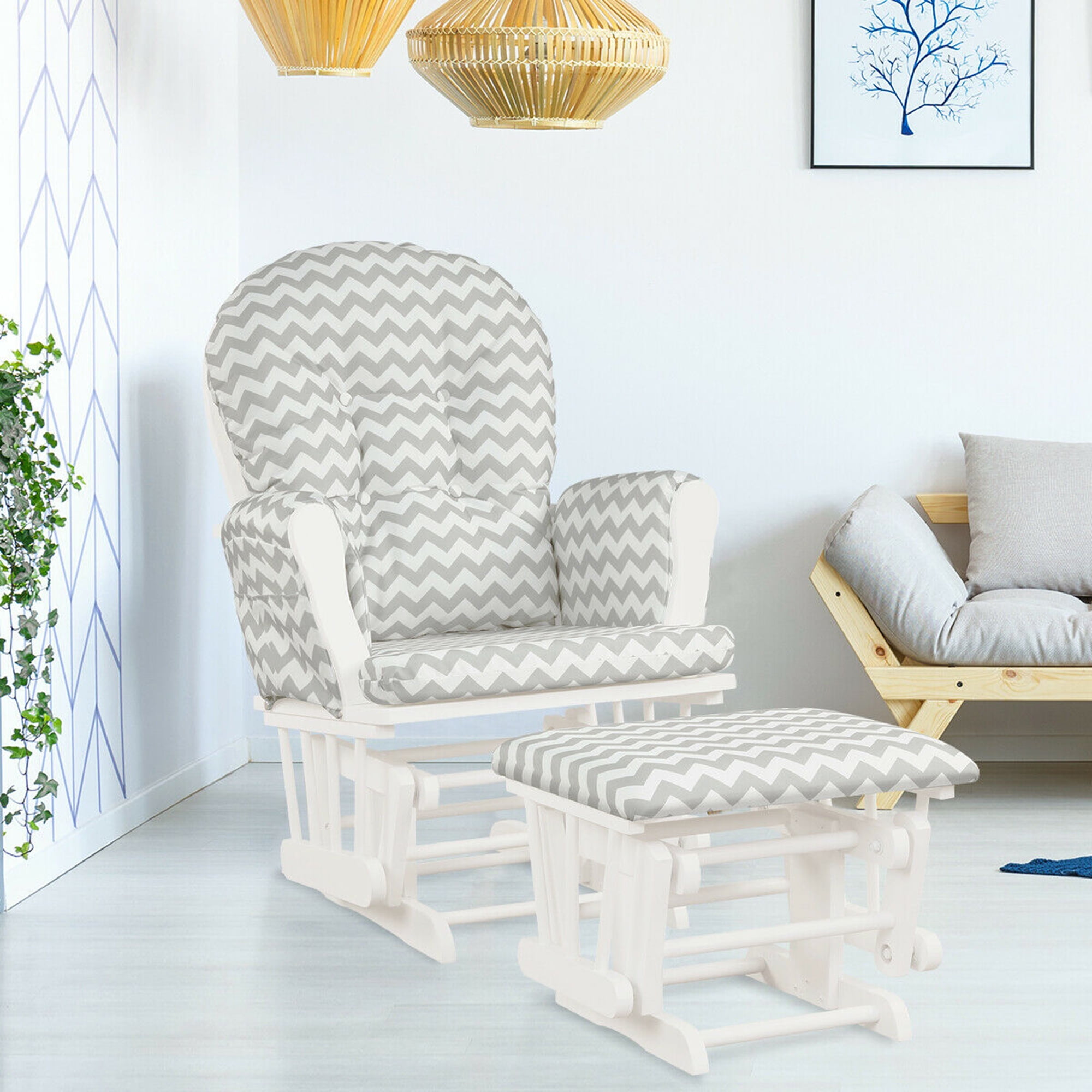 Gymax Glider and Ottoman Cushion Set Wood Baby Nursery Rocking Chair Grey + White
