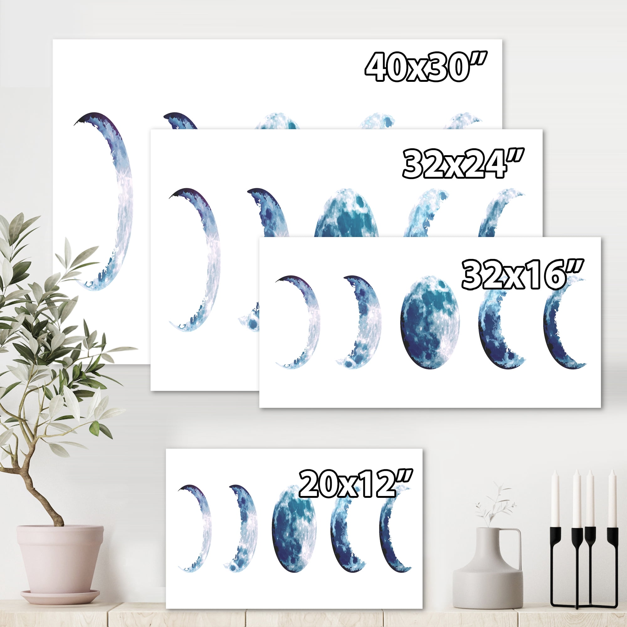 Designart ' Magic Blue Moon Phases On White ' Bohemian & Eclectic Canvas Wall Art Print