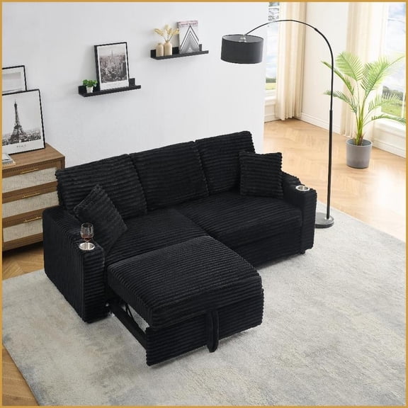 80-Inch 3-Seat Corduroy Foldable Sofa with Cup Holders & Pillows for Living Room | Black | Corduroy | Square Arms