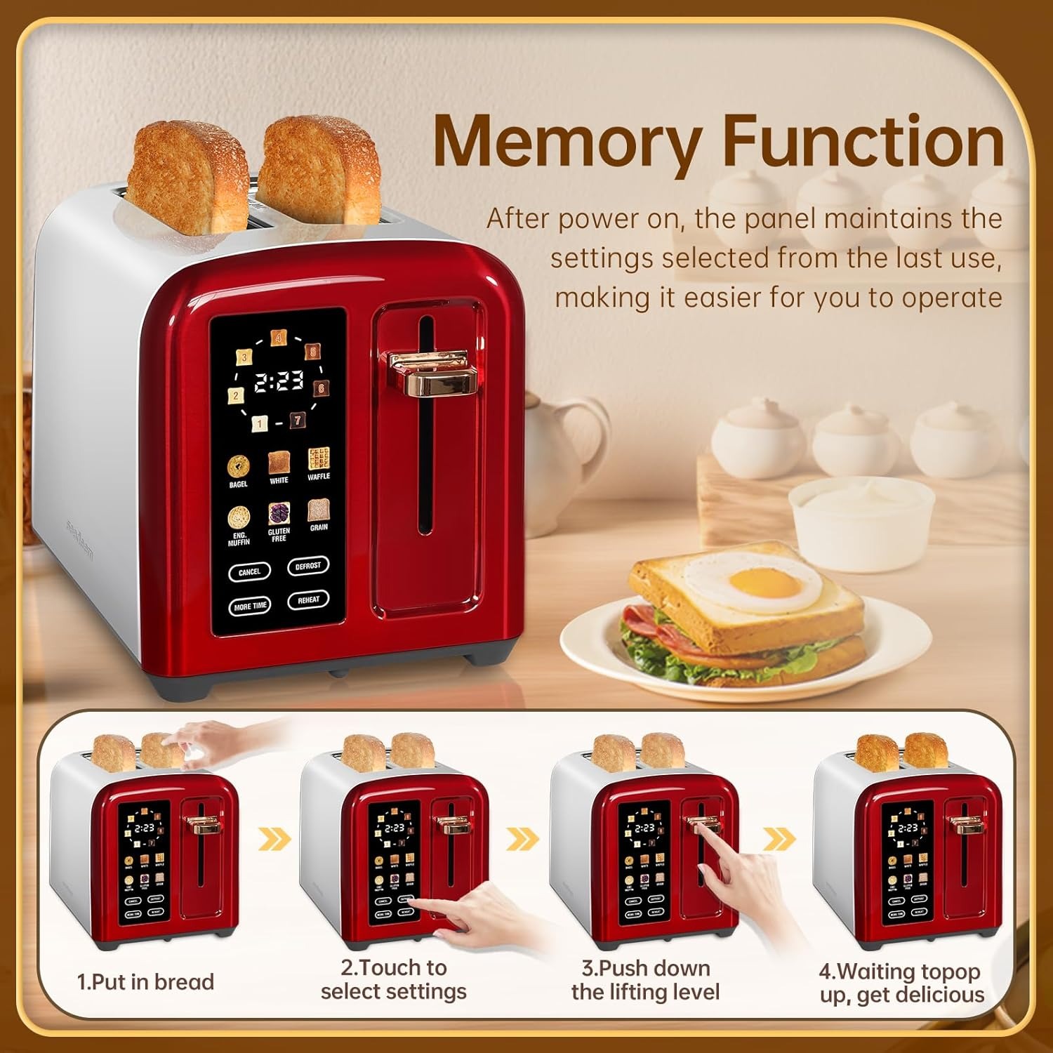 Toaster 2 Slice, Touch Control Stainless Toaster LCD Display, 50% Faster Heating Speed, 1.4'' Wide Slots, More Timer Functions, Removable Crumb Tray, 1350W, Dark Metallic