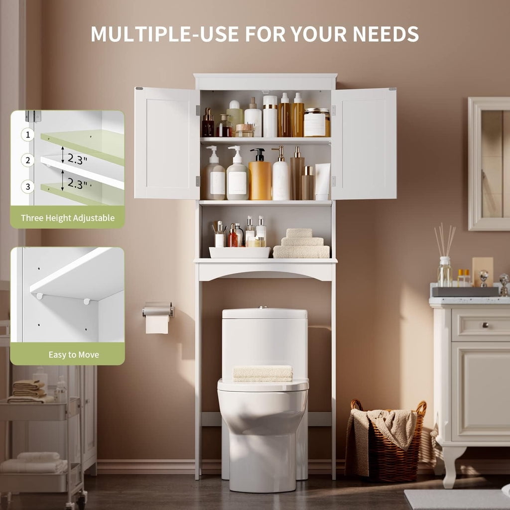 Aiho 66.1" over the Toilet Storage Cabinet with Adjustable Shelf and Open Storage Shelf, Freestanding - White