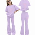 thumbnail image 4 of mgoYE Girls 2 Piece Outfits Bow Graphic Tops Sweatsuits Sets Short Sleeve Sweatshirt with Bell Bottom Sweatpants Set 7-12 Years Size 9-10 Years, 4 of 5