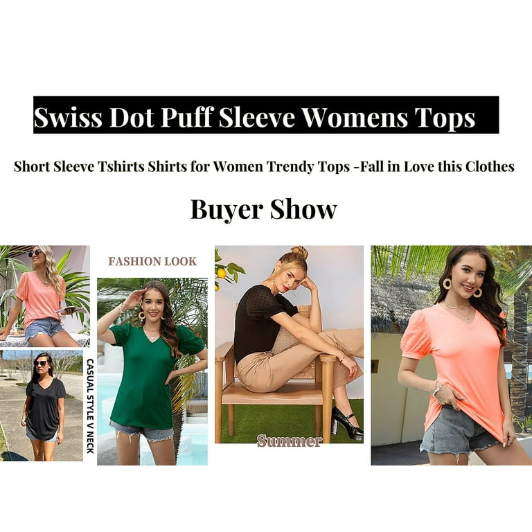 MOSHU Women's Swiss Dot Puff Sleeve V-Neck Blouse for Summer