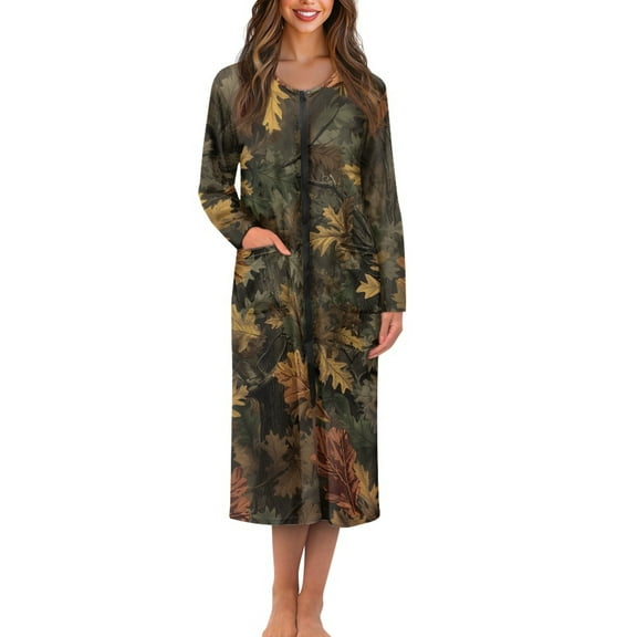 FKELYI Forest Maple Leaf Print Women Zip Up Robe Nightgowns Comfy House Coats Breathable Full Length Sleepwear House Dress Long Sleeve Bathrobe with 2 Pockets, XL