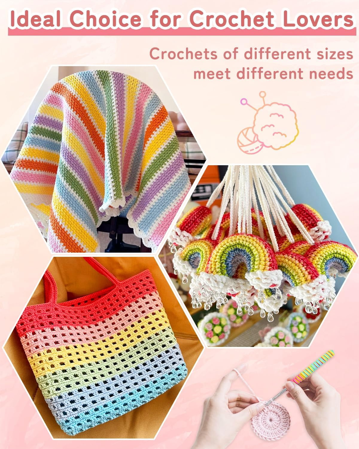 Large Crochet Hooks Set, Rainbow Non-Slip Spiral Grip, K/6.5mm, 7.0mm, L/8.0mm, M/9.0mm, N/10.0mm, Aluminum Crochet Needles for Blankets Scarves Sweaters, Crochet Hook for Beginners & Crafters