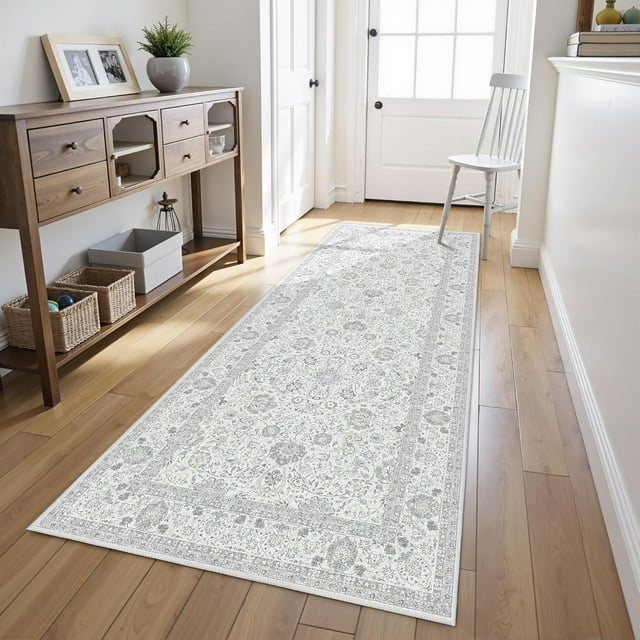 3x8 Runner Rugs for Hallway, Vintage Rug Boho Washable Rug with Non-Slip Backing, Deerly Indoor Carpet for Bedroom Kitchen Entryway,Light Grey