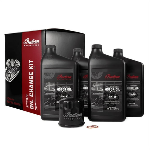 Indian Motorcycle Scout Oil Change Kit with Full Synthetic 15W-60 Motor Oil, 4 Quarts, 2 Washers