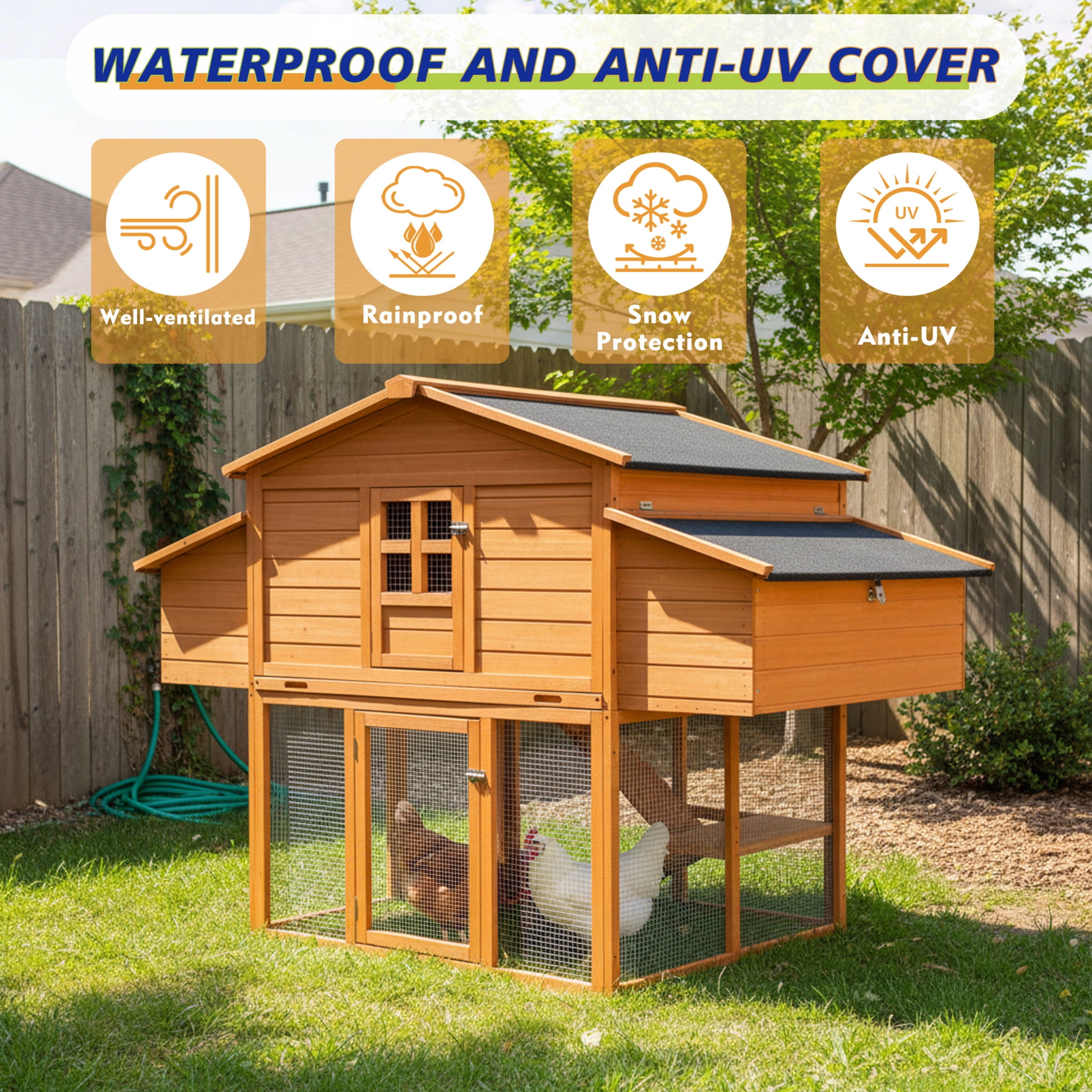 Noble House 70" Chicken House, Outdoor Poultry Coop with Leakproof Nesting Boxes and UV-Resistant Roof Panel, Natural