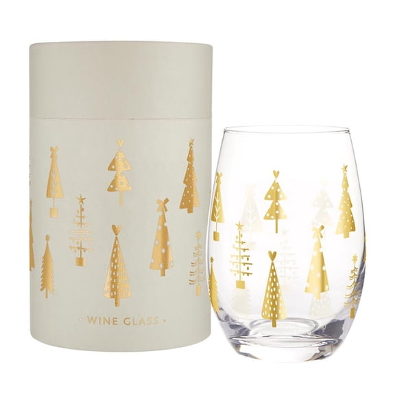 Santa Barbara Design Studio Holiday Wine Glasses Gold Foil Accented Stemless Wine Glass, 17-Ounces, Trees