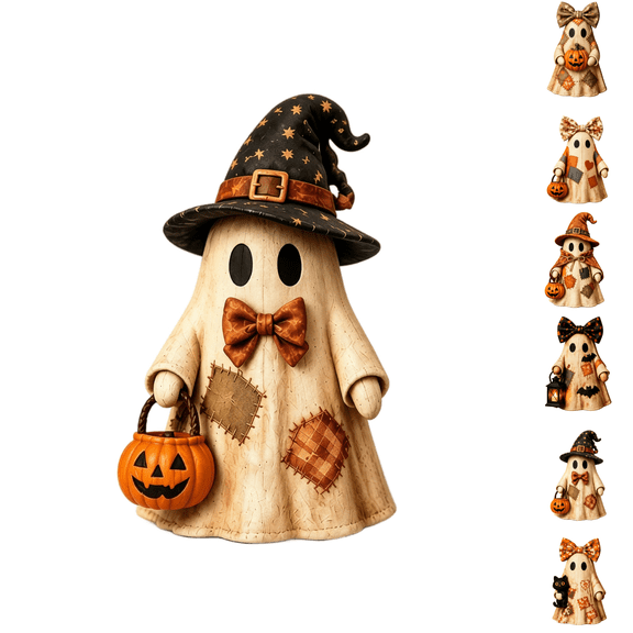 Halloween Distressed Faux Wood Patchwork Ghost Ornament Vintage Quilted Style Halloween Figurine, Rustic Indoor Seasonal Desktop Home Tabletop Decor