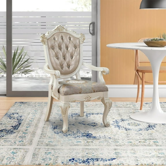 Wooden Arm Chair with Floral Patterned Padded Seat Set of 2White and Gold - Saltoro Sherpi