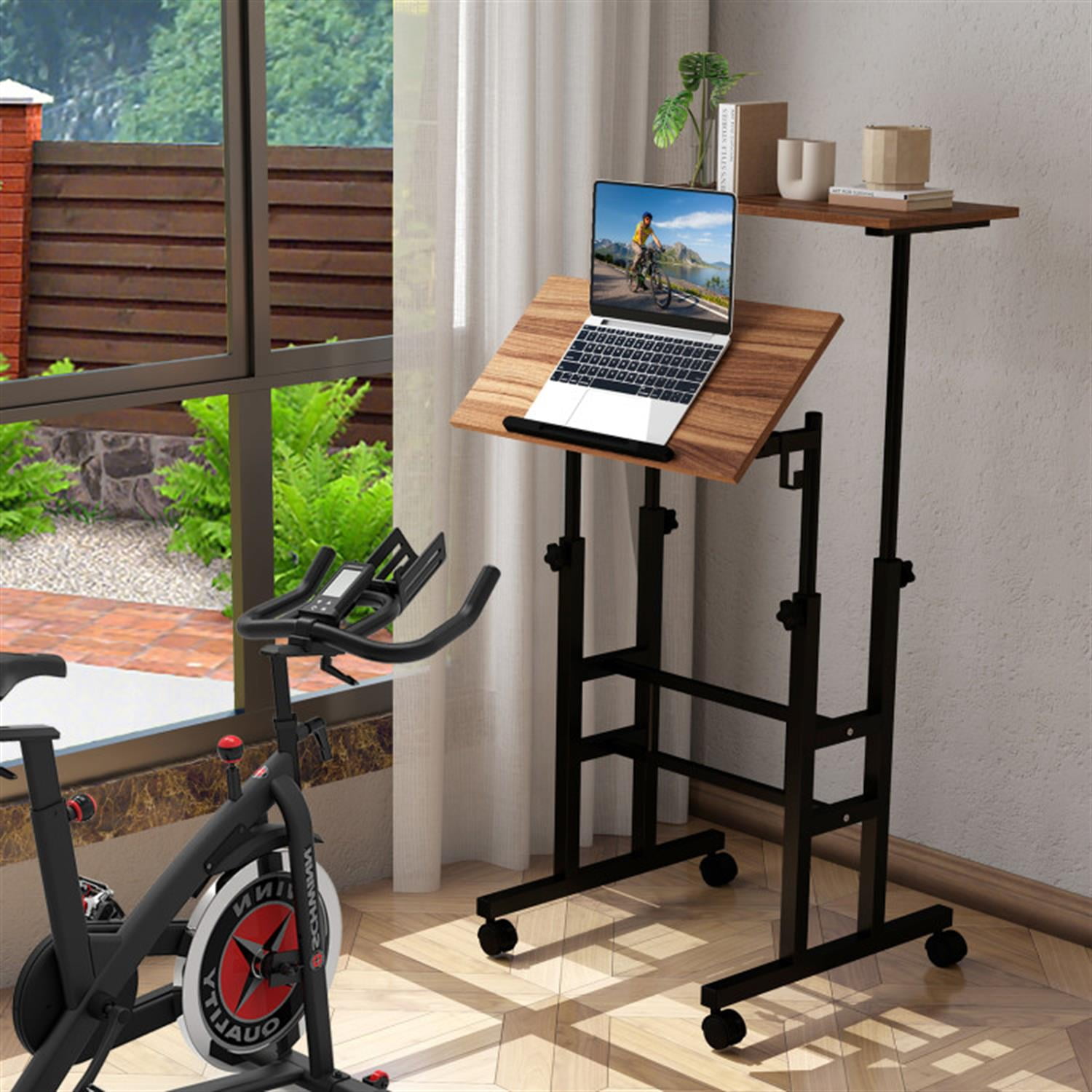 Demi Bonn Height Adjustable Mobile Standing Desk with Rolling Wheels for Office and Home, Laptop Workstation for Laptops, Books, Tablets, and Art, Brown