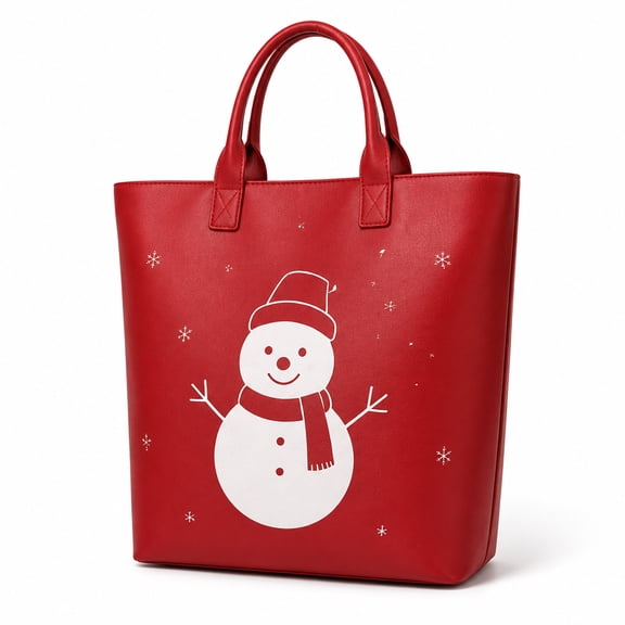 ROLKFUK Christmas Snowman Tote Bag for Women Red Holiday Handbag with Double Handles