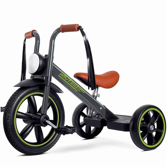 Tricycle with Front Light, Rubber Front Wheel, Soft Handlebar with Streamers, Adjustable Seat