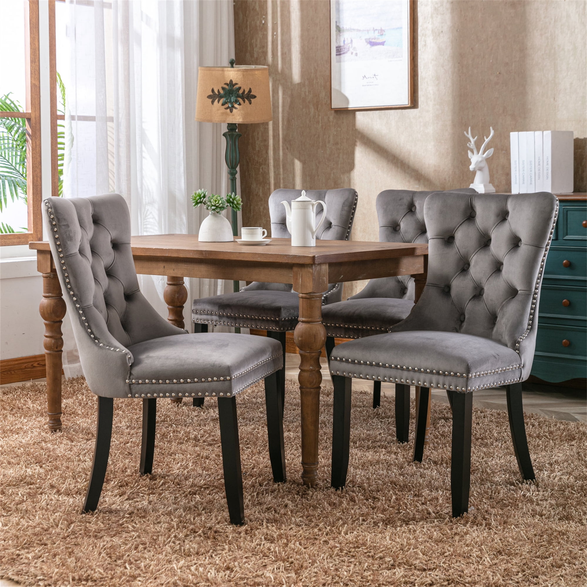 Miniyam Dining Chair Set of 2, High-end Tufted Velvet Upholstered, Gray