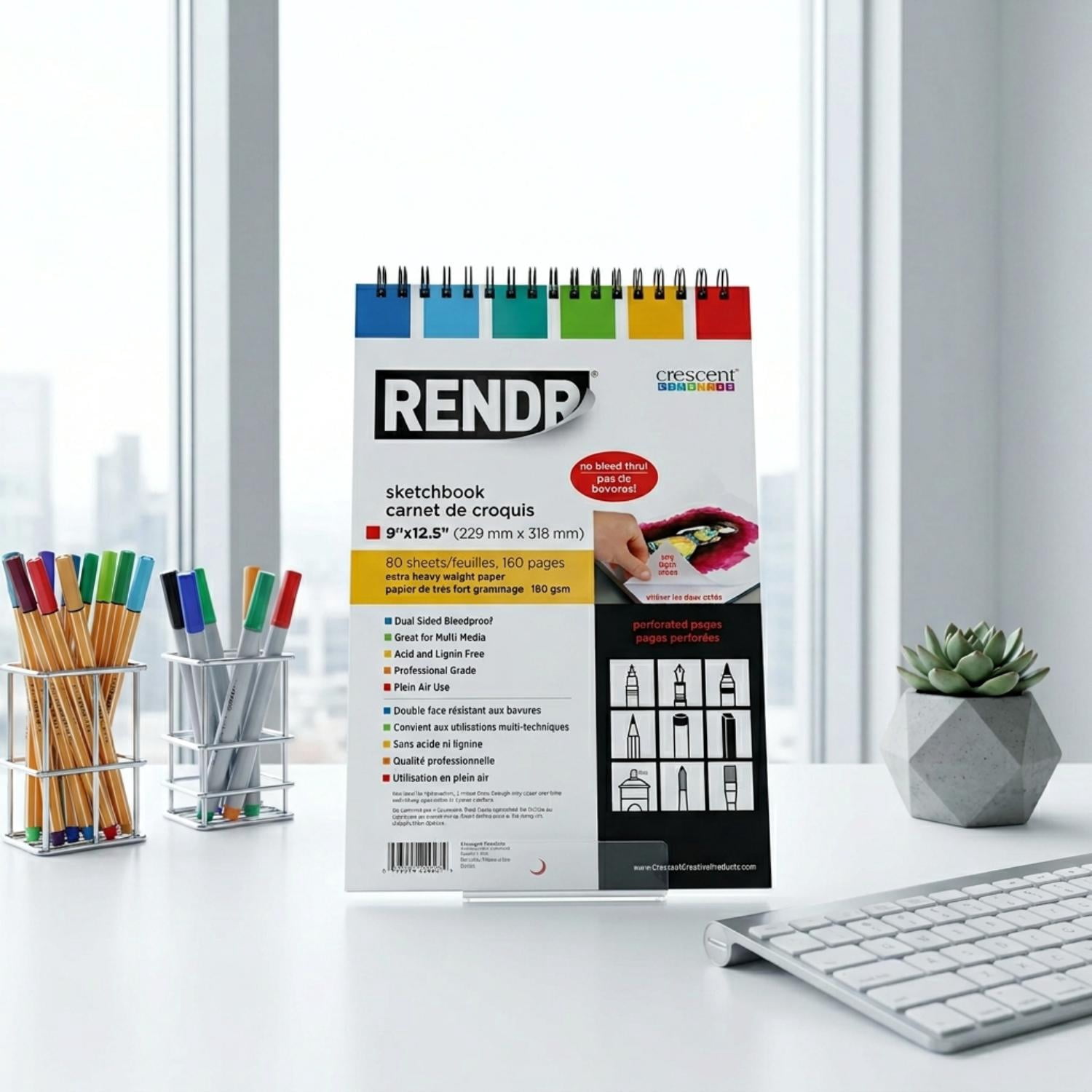 RENDR No Show Thru Wire Bound Perforated Pages Drawing Sketch Books for Artist, 9" x 12.5", No-Bleed, Acid & Lignin Free, 80 pages, All Media, 180 GSM