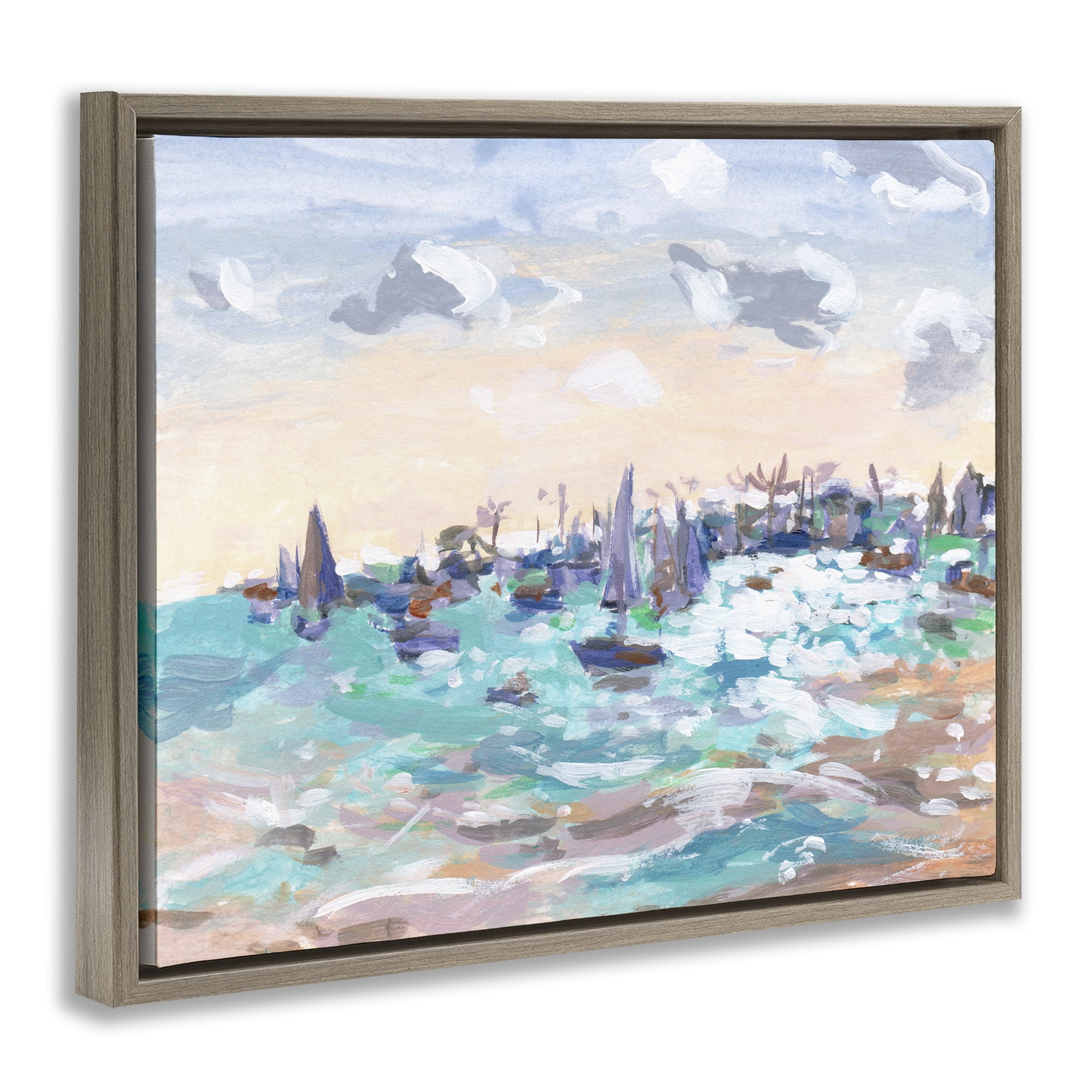 Stupell Industries Sailboats in Rushing Waves Nautical & Beach Painting Brown Floater Framed Canvas Art Print Wall Art, 31 x 25