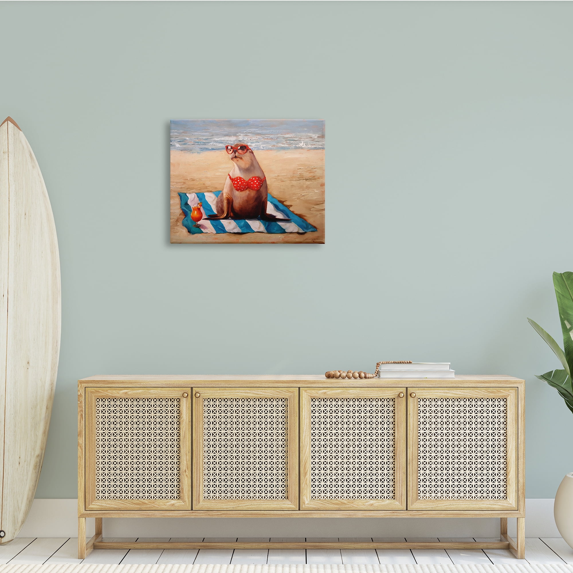 Stupell Industries Polka Dot Bikini Sea Lion Tropical Drink Beach Scene, 30 x 24, Design by Lucia Heffernan