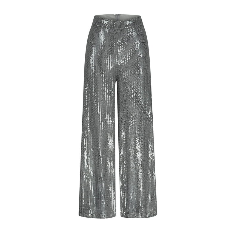 E 022 Silver Women Formal Date Night Evening Trousers Pants Trousers Pants for Women Loose Fit Sequin Bling High Waisted Flare Wide Leg Fall Summer Trousers Pants 2024 XL Walmart