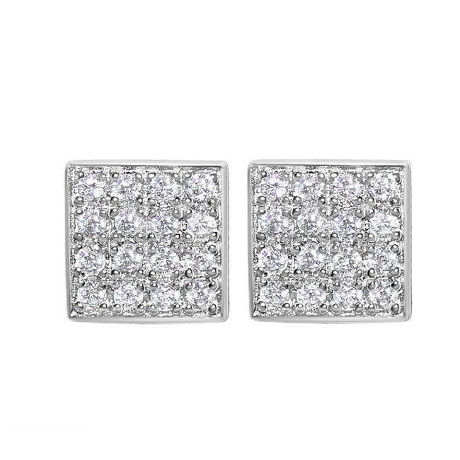 Sterling Silver CZ Micropave Screw-Back Square Stud Earrings 8.5mm Big