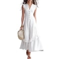 thumbnail image 2 of ChaoHeng Summer Dress Maxi Dresses for Women Solid V Neck Sleeveless Button Layer Ruffle Flowy Long for White S, 2 of 8