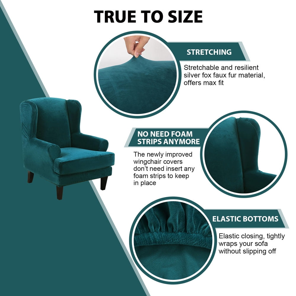 Topchances Stretch Wingback Chair Sofa Slipcover 2-Piece Velvet Plush Sofa Cover Furniture Protector Couch Soft with Elastic Bottom, Blue
