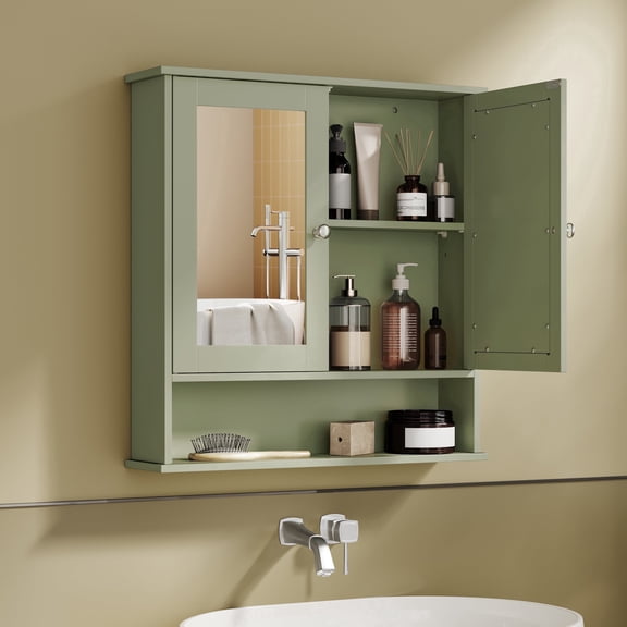 Wall Mounted Storage with 2 Mirrored Doors, Adjustable Shelf & Open Compartment, Bathroom Cabinet with Mirror, 5.1 x 22.2 x 23 Inches, Laurel Green