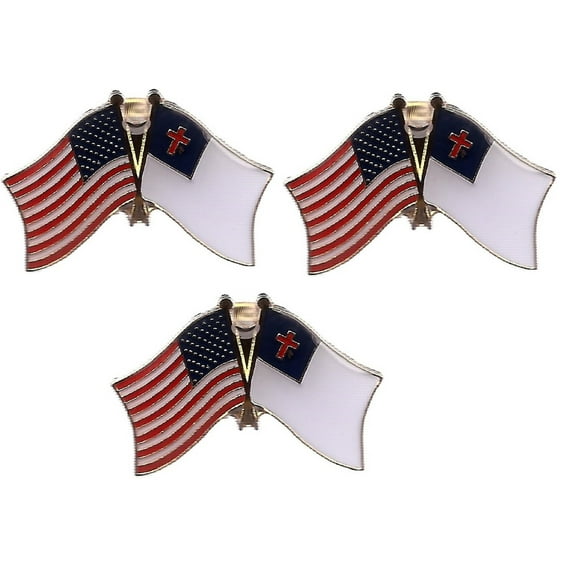 Christian & US Crossed Double Flag Lapel Pins, Pack of 3