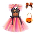thumbnail image 3 of Girls Halloween Pumpkin Tutu Dress 3-Piece Set, with Pumpkin Headband Candy Bag, Kids Dress Up Outfit for Trick-or-Treat Birthday Fall Party (3#Multicolour/5-6 Years), 3 of 9