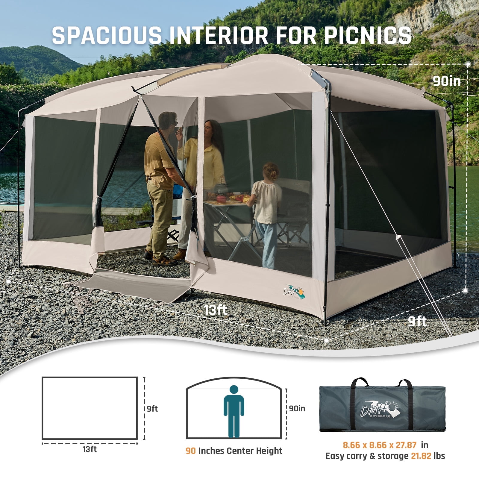 13' x 9' Screen House Tent with Projection Mesh Gazebos Camping Tent for Outdoor Patios Backyards Beige