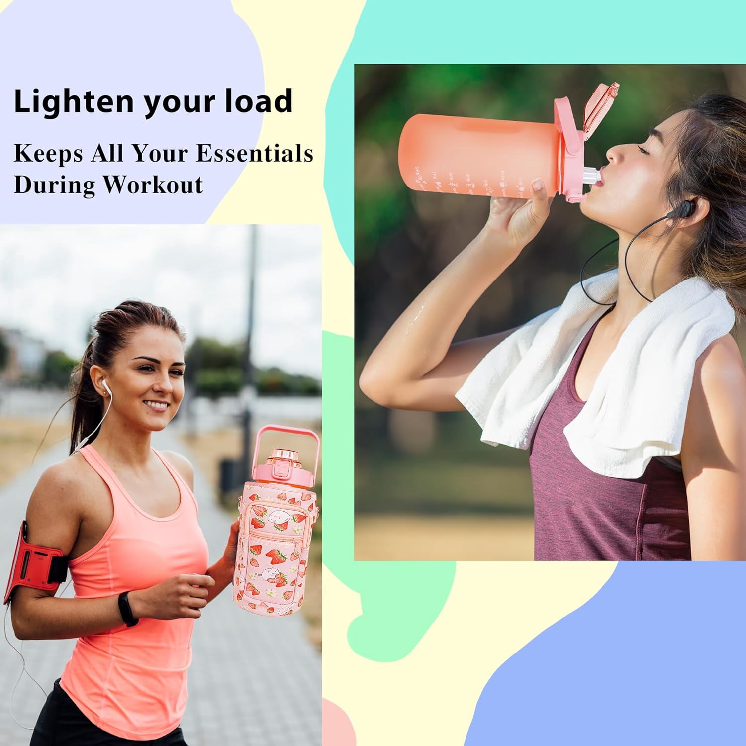 64 oz Water Bottle with Straw Sleeve & Strap Motivational BPA Free Half Gallon Water Jug with Handle for Gym Women Men Aesthetic Water Bottle with Strap Strawberry Cat