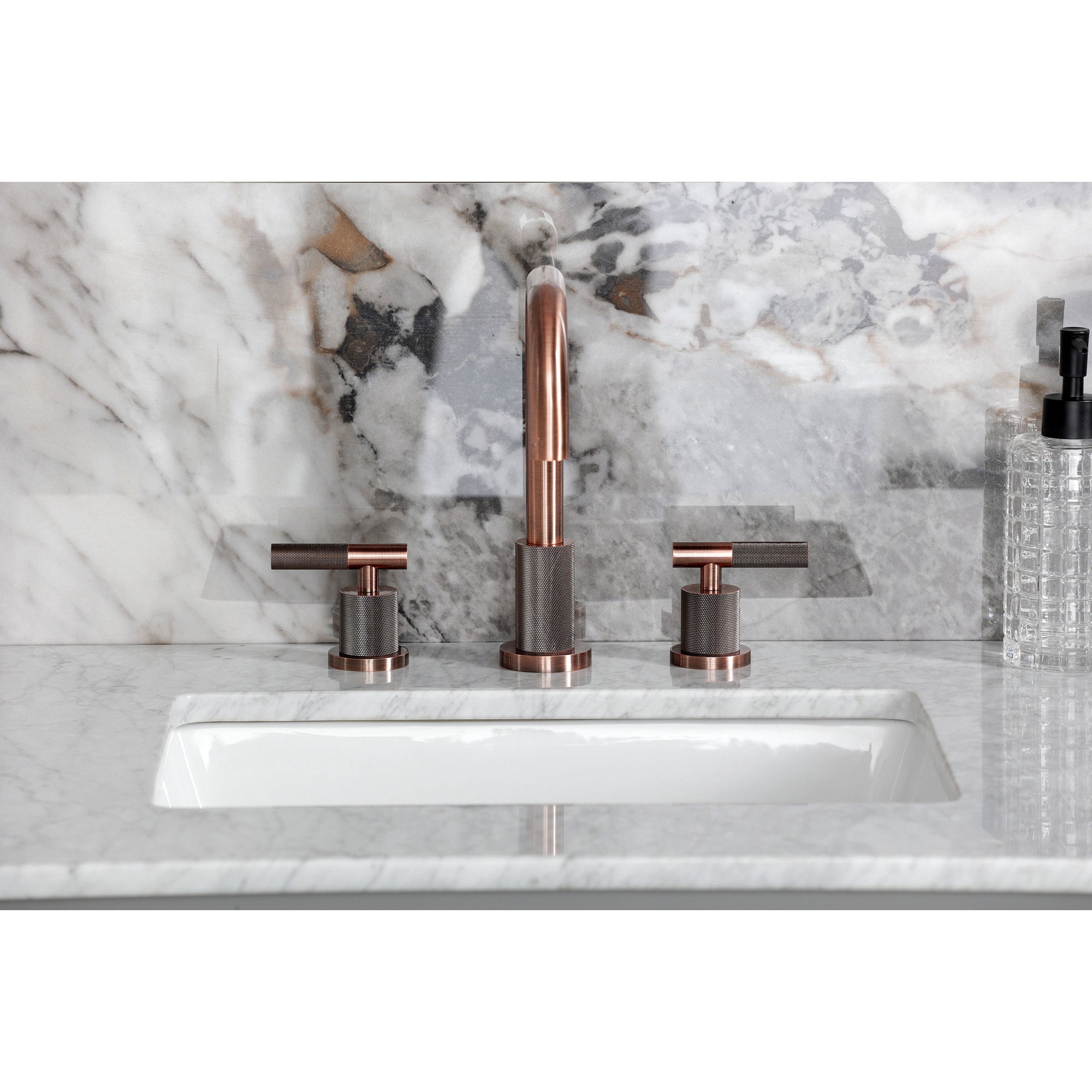 Kingston Brass FSC893KNLAC Convergent Two-Handle 3-Hole Deck Mount Widespread Bathroom Faucet with Knurled Handle and Brass Pop-Up in Antique Copper