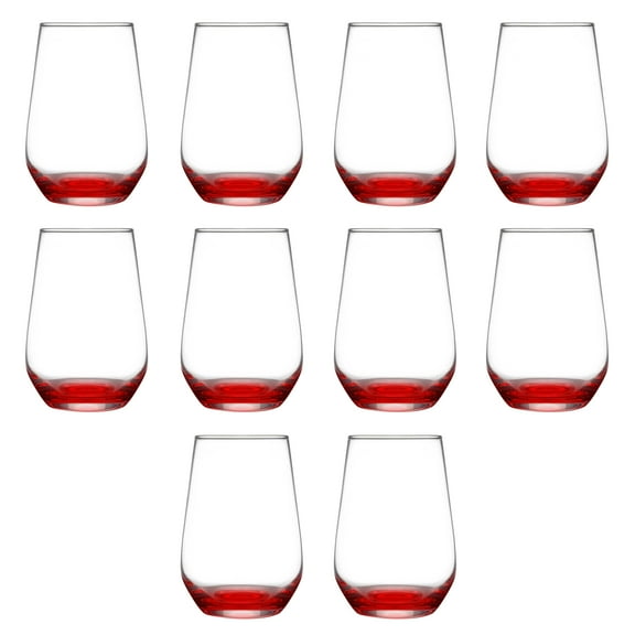 10 Vaso Silicia Stemless Wine Glasses Set, 16 oz. - Clear, Orb-Like, Thick base - Red