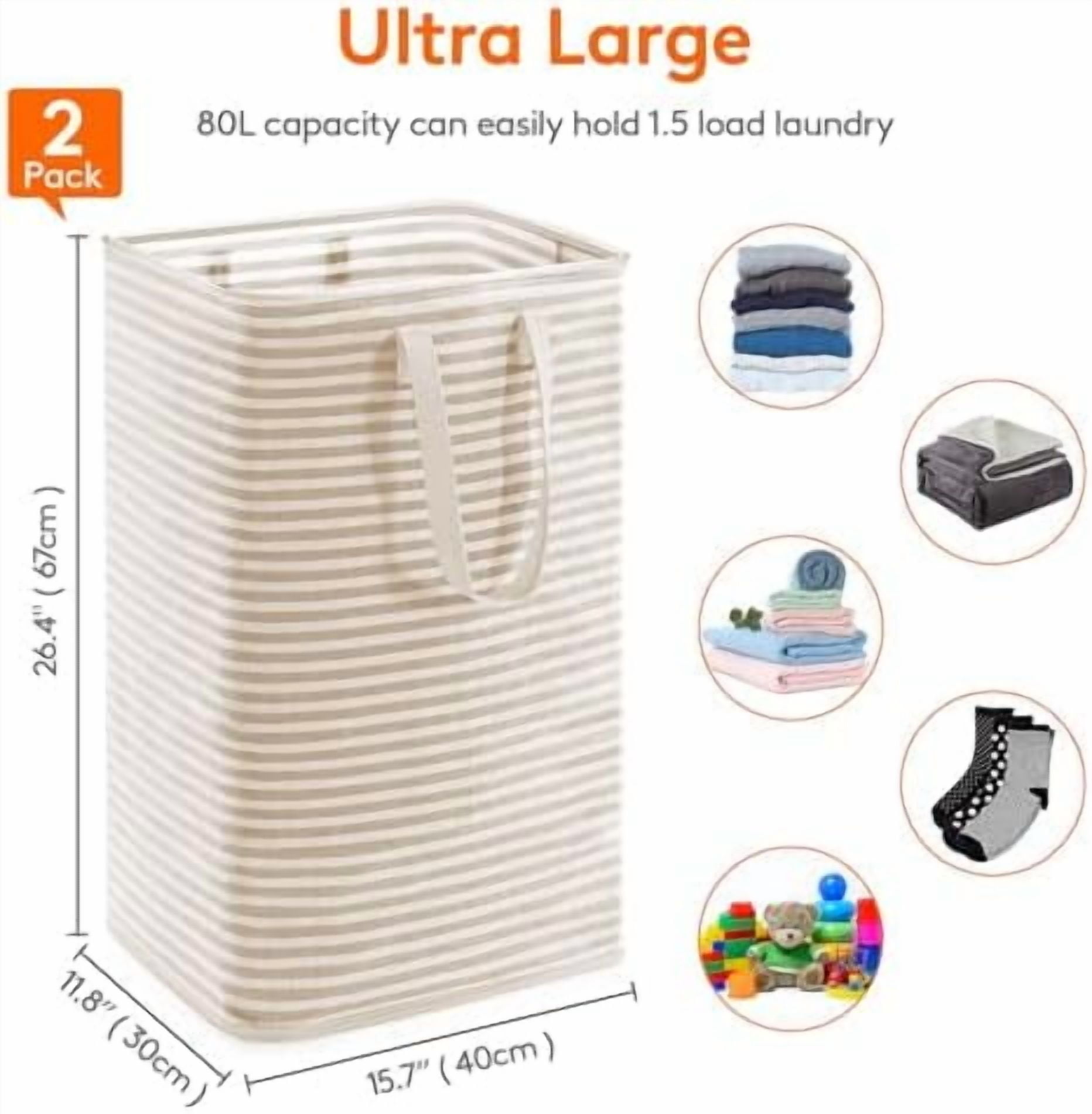 2 Pack Laundry Hamper Large Collapsible Laundry Baskets, Freestanding Waterproof Clothes Hamper with Easy Carry Handles in Laundry Room Bedroom Bathroom College Dorm, Beige, 2 x 80L
