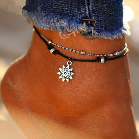 - Girl12Queen Boho Double Layer Anklet Sun Pendent Charm Women Foot Chain Ankle Bracelet