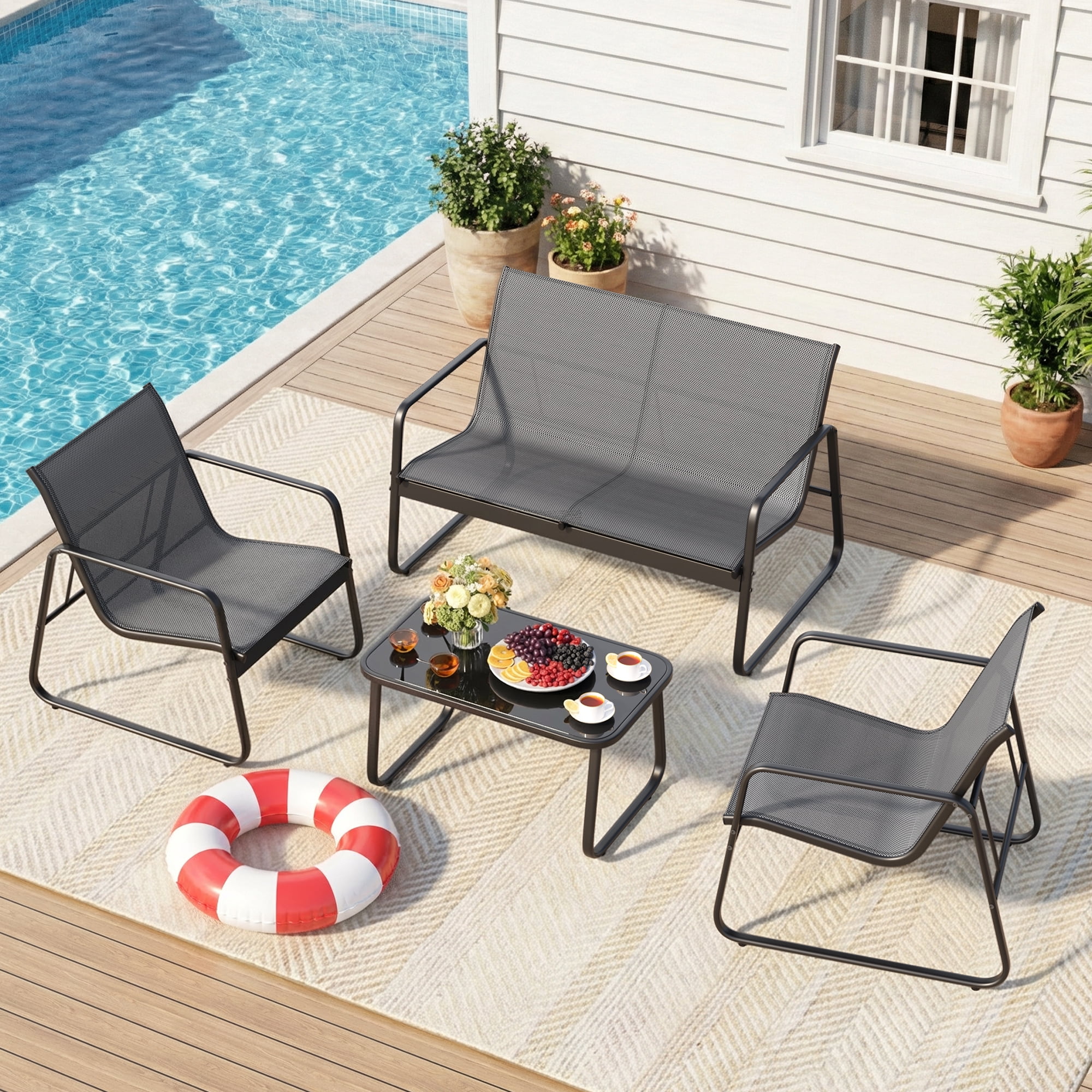 All-Weather Handwoven Steel 4-Piece Rocking Patio Set Including Chairs and Coffee Table for Outdoor Leisure Space Grey