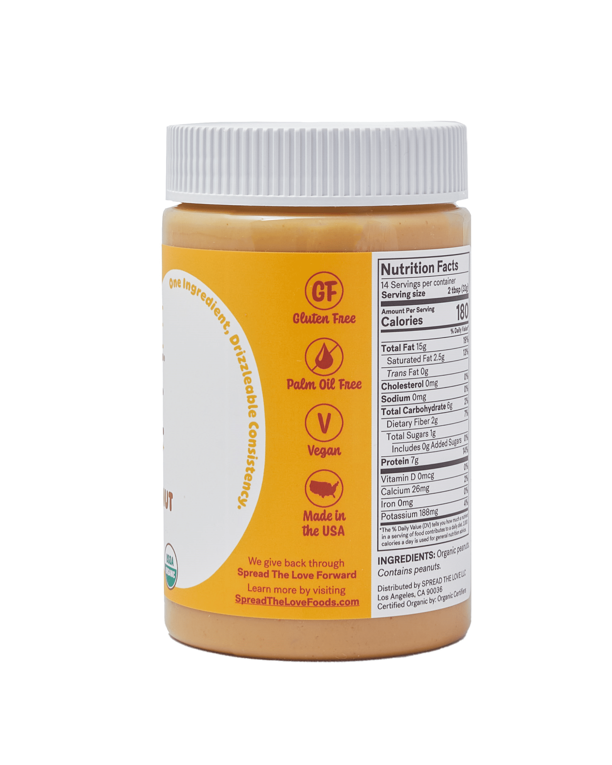 Organic Peanut Butter, Creamy, Palm-Oil Free, No Salt, 7g Protein, 16 oz, Spread The Love