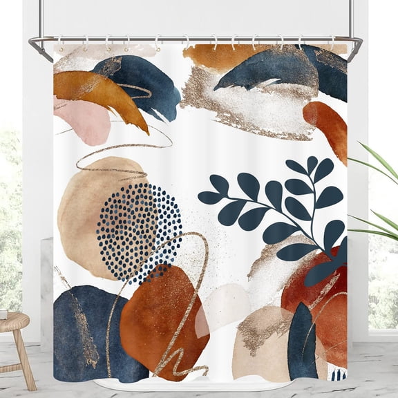 Mid Century Abstract Shower Curtain Modern Boho Plant Leaves Minimalist Geometric